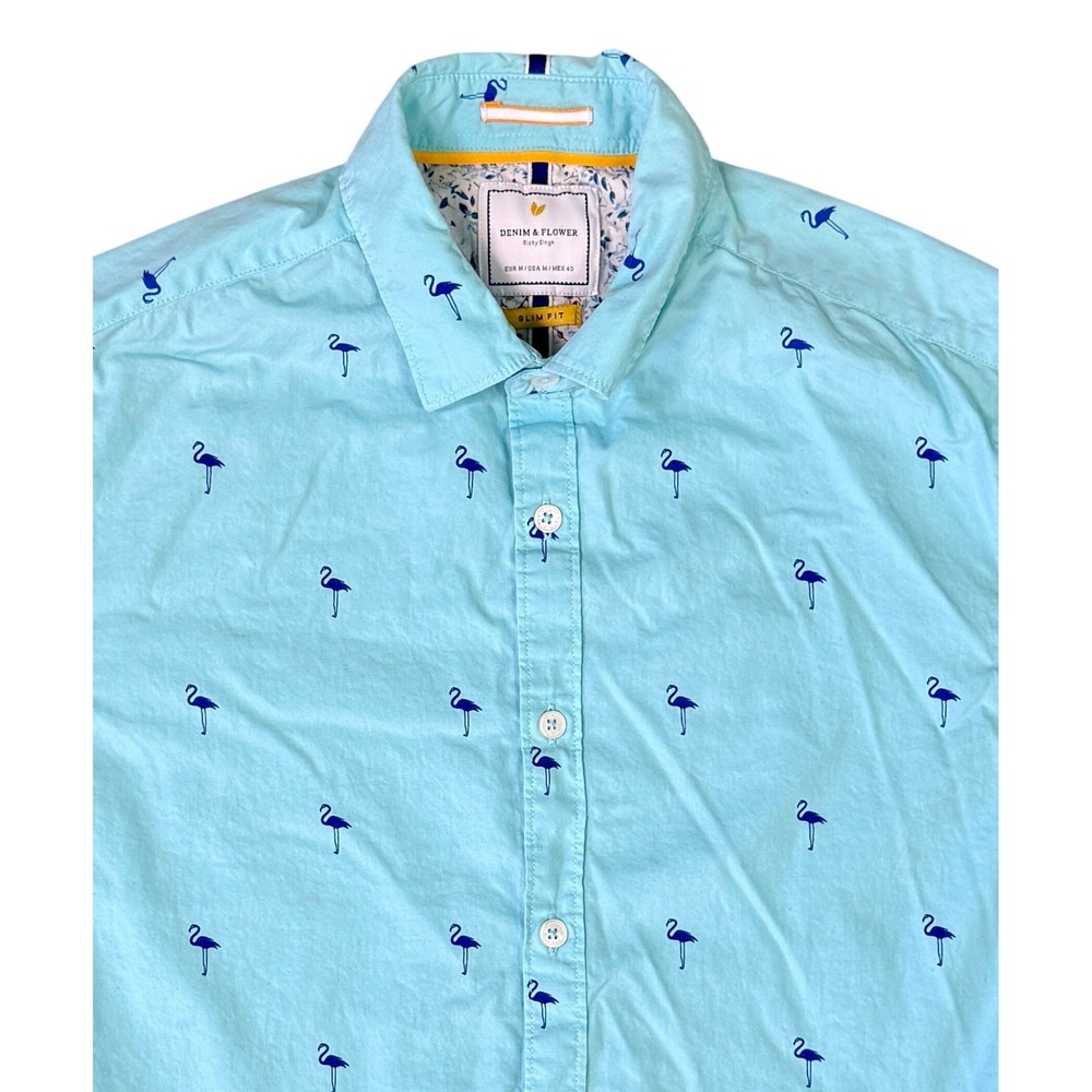 Denim & Flower Mens Slim Fit Flamingo Print Button‎ Down Shirt Blue Size Medium